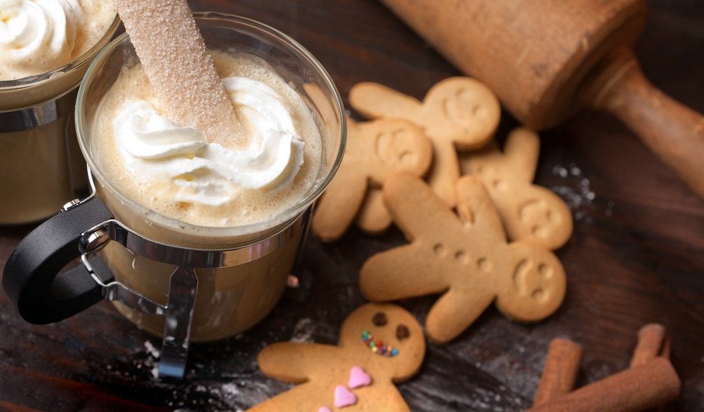 Обои кофе, сладкое, печенье, десерт, рождественское печенье, пряничный человечек, ирландский крем, coffee, sweet, cookies, dessert, christmas cookies, the gingerbread man, irish cream разрешение 2048x1366 Загрузить