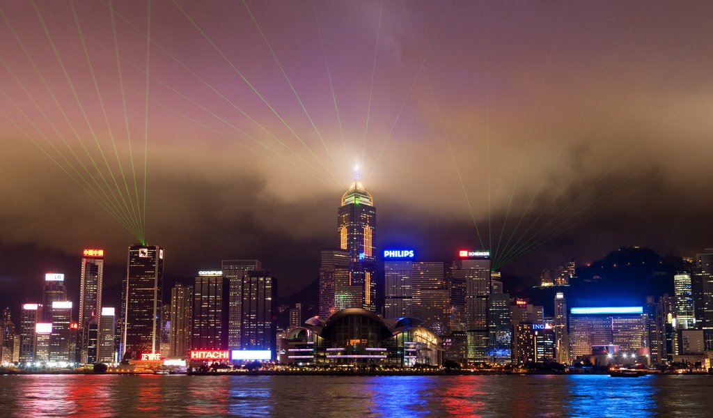 Обои огни, вода, небоскребы, гонконг, lights, water, skyscrapers, hong kong разрешение 5345x3563 Загрузить