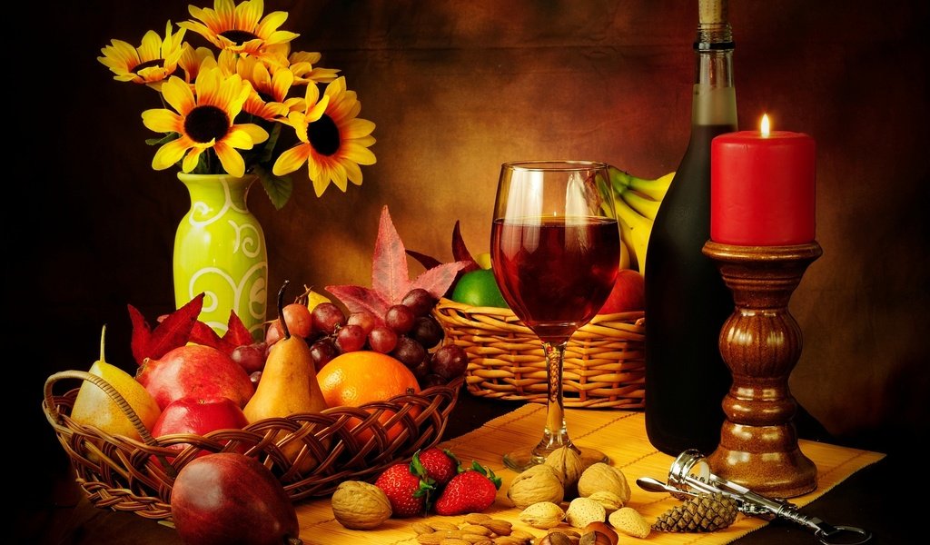 Обои вино, красное вино, свечи, стекло, гайки, орехи, свеча, штопор, виноград, бутылка, cвечи, фрукты, cтекло, красное, яблоки, земляника, клубника, натюрморт, бокал, вина, корзина, груши, wine, red wine, candles, nuts, candle, corkscrew, grapes, bottle, fruit, red, apples, strawberries, strawberry, still life, glass, basket, pear разрешение 3000x2000 Загрузить