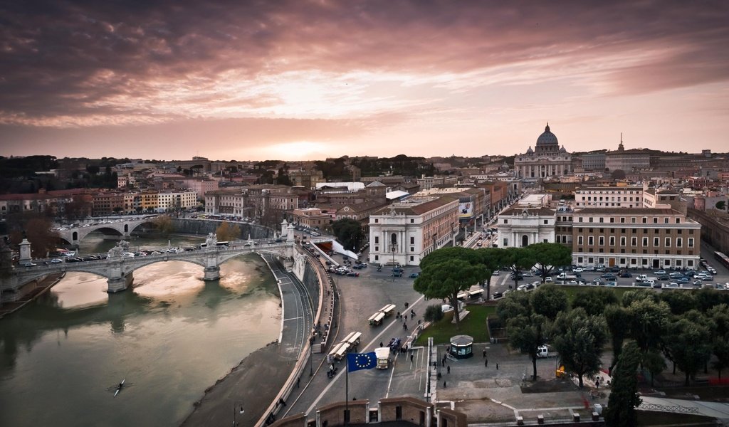 Обои река, восход, панорама, мост, италия, рим, river, sunrise, panorama, bridge, italy, rome разрешение 2560x1600 Загрузить