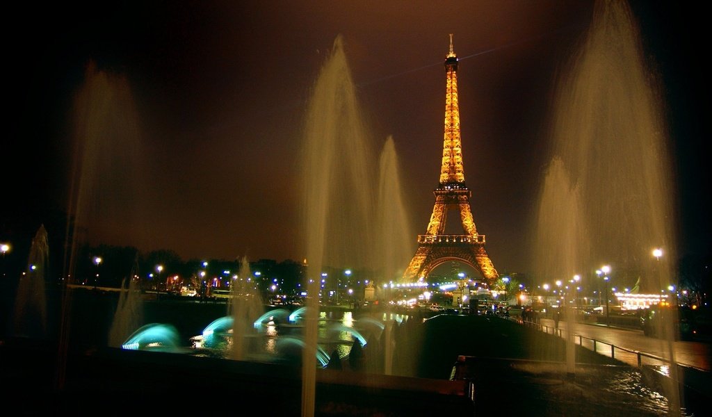 Обои ночь, париж, фонтан, эйфелева башня, night, paris, fountain, eiffel tower разрешение 2560x1600 Загрузить