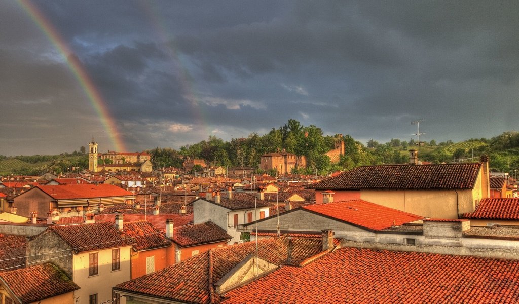 Обои радуга, здания, крыши, rainbow, building, roof разрешение 3629x2412 Загрузить