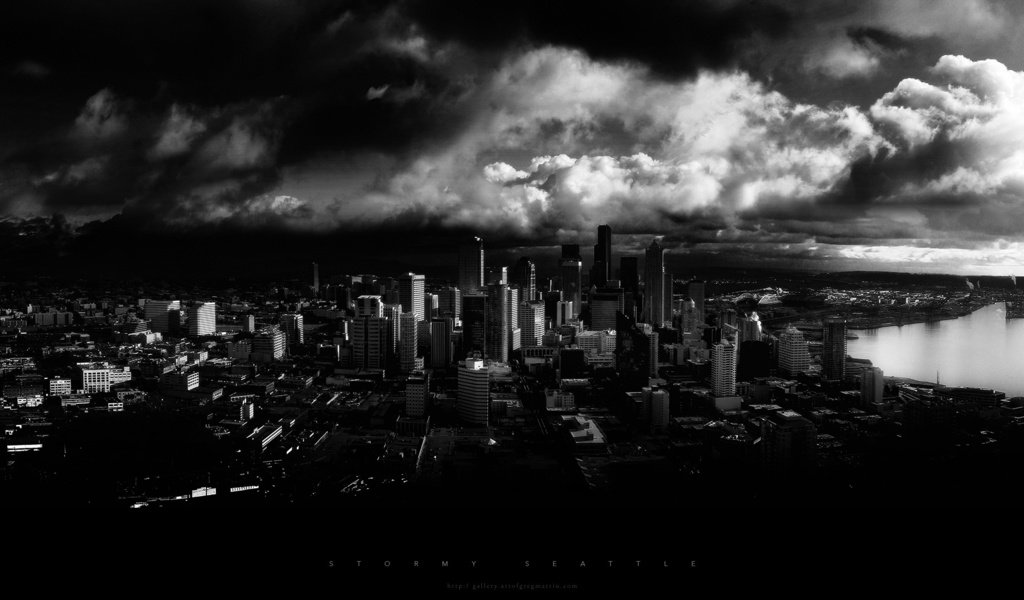 Обои небо, облака, чёрно-белое, небоскребы, the sky, clouds, black and white, skyscrapers разрешение 1920x1080 Загрузить