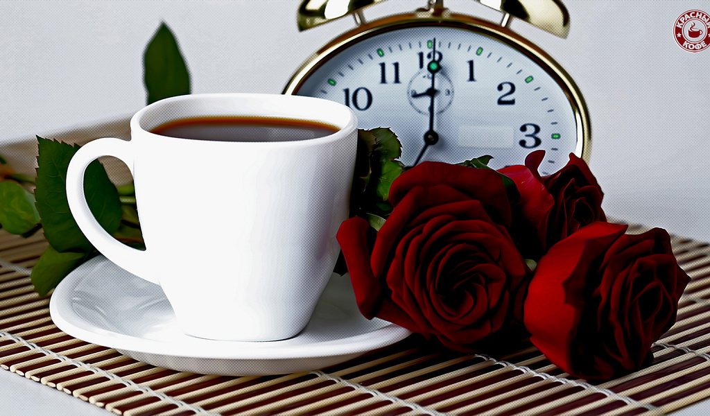 Обои цветы, розы, кофе, кружка, чашка, будильник, flowers, roses, coffee, mug, cup, alarm clock разрешение 1920x1080 Загрузить