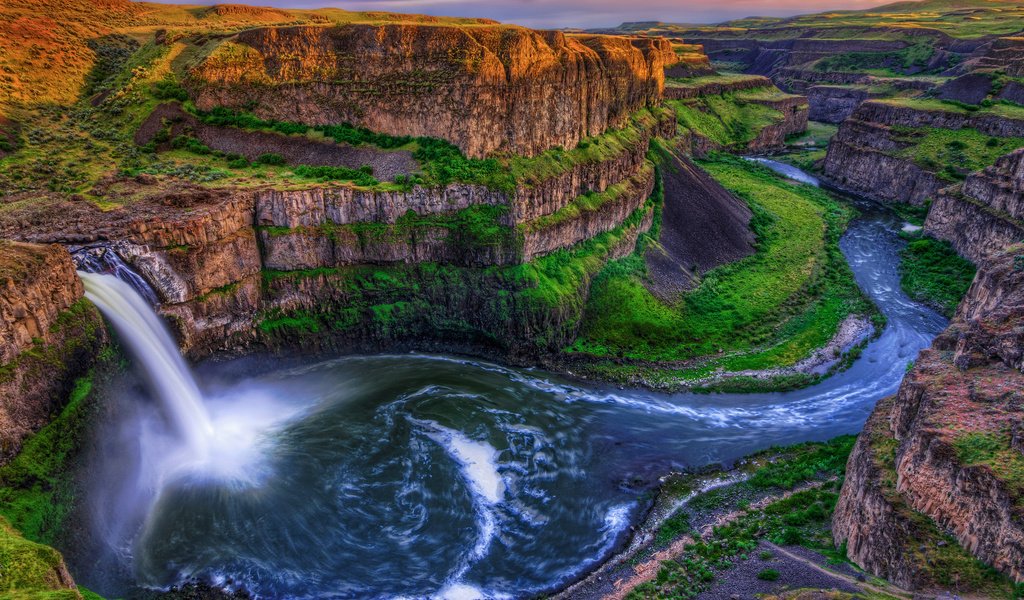 Обои река, скалы, природа, водопад, каньон, поток, сша, palouse falls, штат вашингтон, washington, river, rocks, nature, waterfall, canyon, stream, usa разрешение 2560x1600 Загрузить