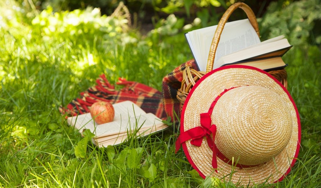 Обои трава, книги, корзина, яблоко, плед, шляпа, пикник, grass, books, basket, apple, plaid, hat, picnic разрешение 2880x1800 Загрузить