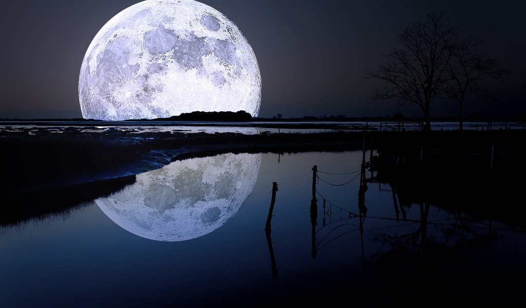 Обои небо, вода, природа, отражение, луна, ночные пейзажи, the sky, water, nature, reflection, the moon, night landscapes разрешение 2560x1600 Загрузить