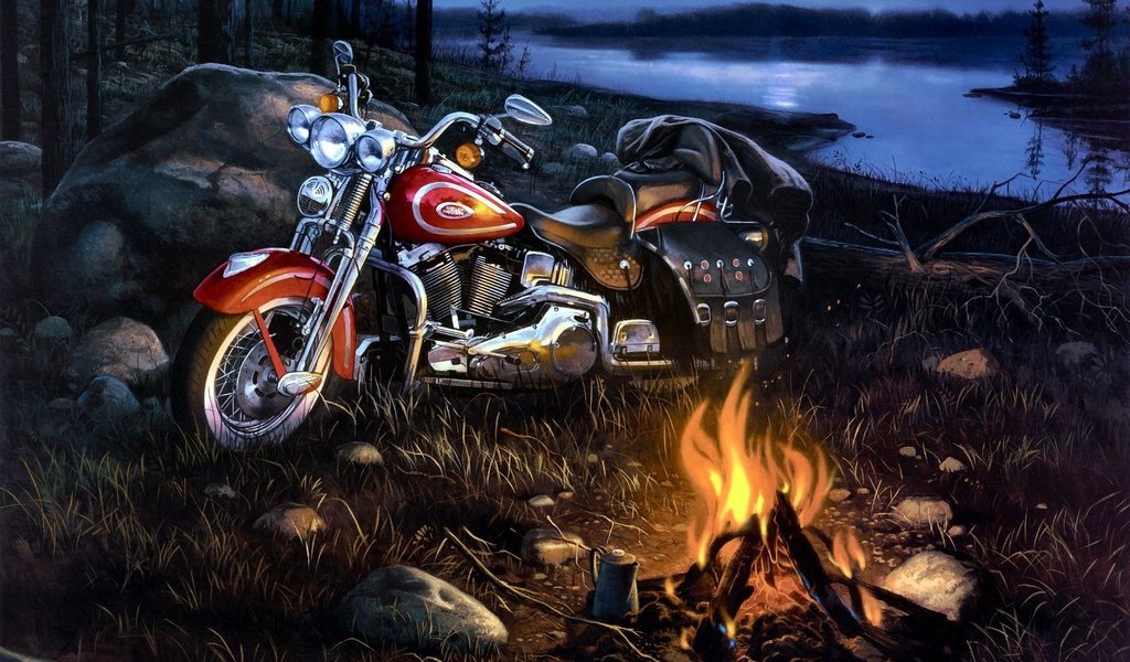 Обои арт, река, пейзаж, мотоцикл, костёр, harley-davidson, art, river, landscape, motorcycle, the fire разрешение 1920x1200 Загрузить