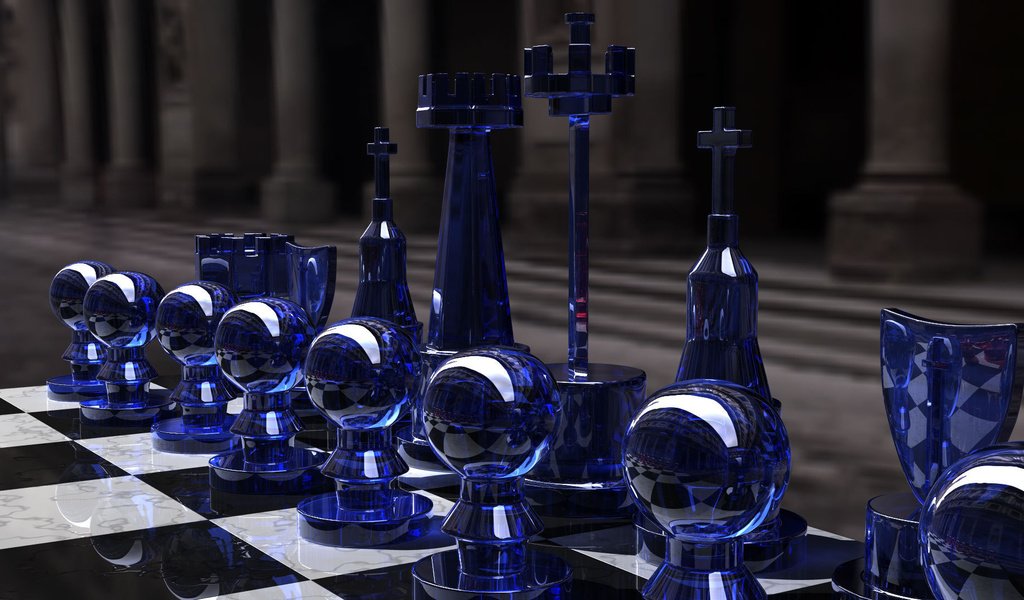 Обои шахматы, игра, стратегия, chess set, blue side, ренденринг, cтекло, chess, the game, strategy, rendering, glass разрешение 1920x1080 Загрузить