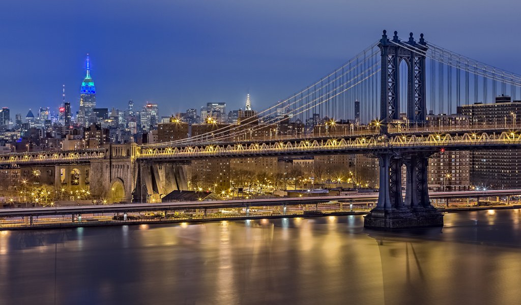 Обои ночь, мост, сша, нью-йорк, манхеттен, night, bridge, usa, new york, manhattan разрешение 2048x1365 Загрузить