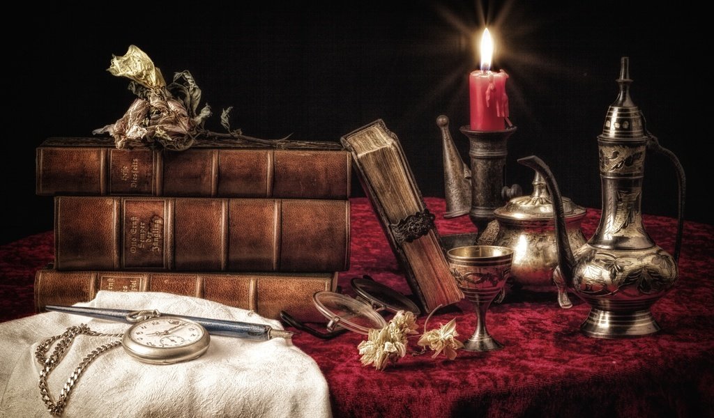 Обои книги, часы, посуда, свеча, натюрморт, books, watch, dishes, candle, still life разрешение 2700x1800 Загрузить