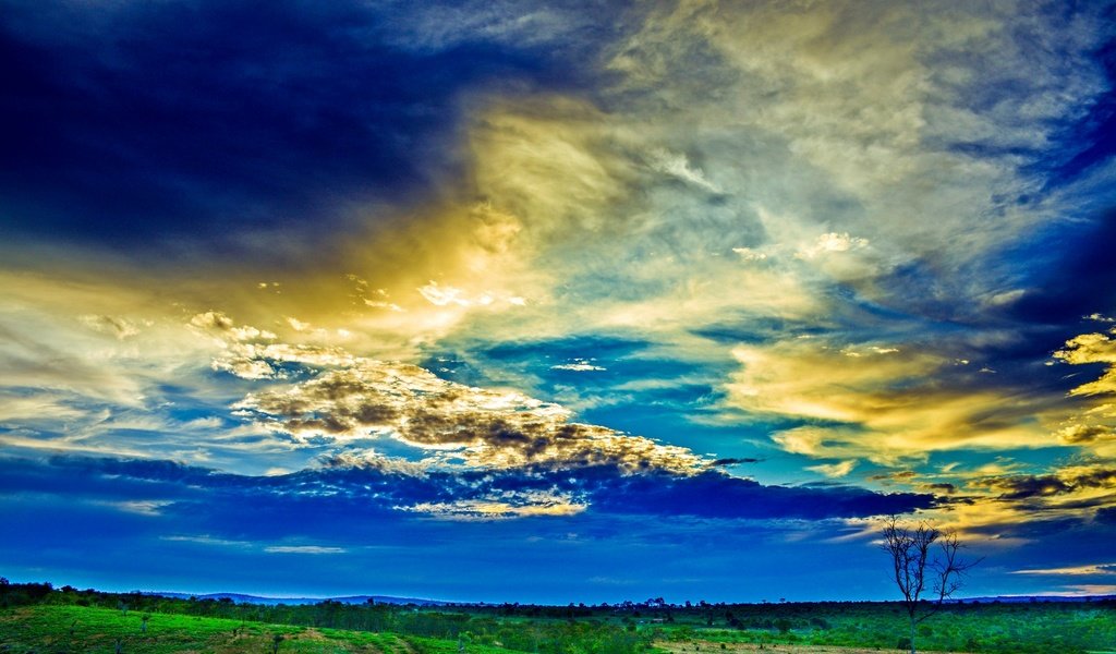 Обои небо, трава, облака, поле, зарево, the sky, grass, clouds, field, glow разрешение 1920x1200 Загрузить