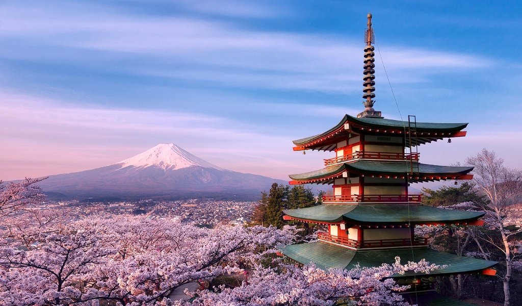 Обои пагода, япония, сакура, вулкан фудзияма, pagoda, japan, sakura, the fuji volcano разрешение 2880x1970 Загрузить