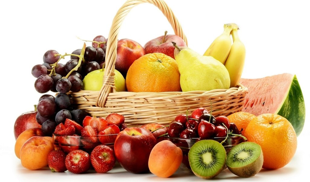 Обои ягоды, виноград, киви, фрукты, бананы, яблоки, апельсины, груши, клубника, абрикосы, черешня, нектарин, арбуз, корзина, berries, grapes, kiwi, fruit, bananas, apples, oranges, pear, strawberry, apricots, cherry, nectarine, watermelon, basket разрешение 1920x1280 Загрузить