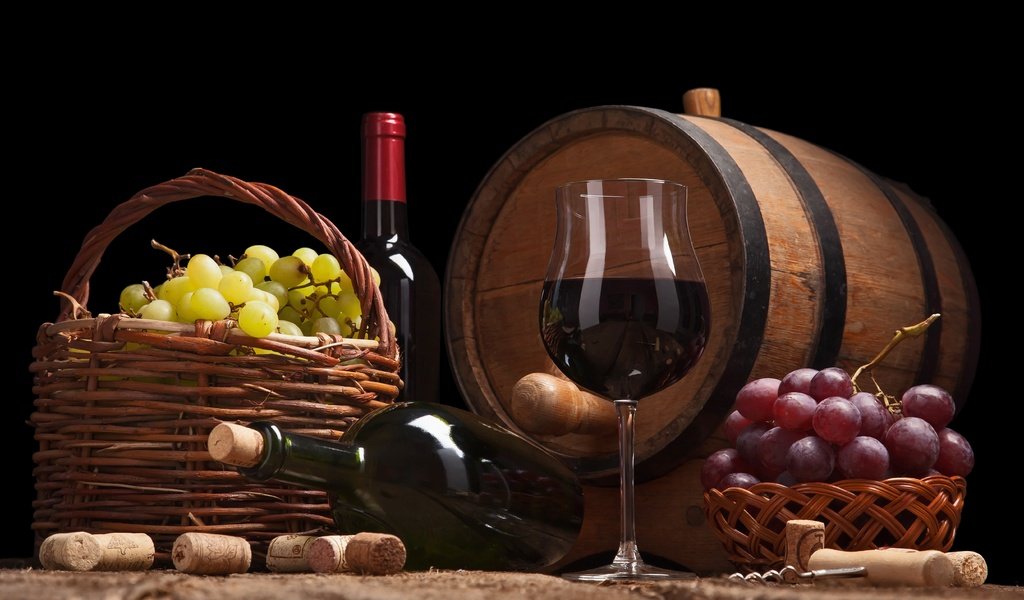 Обои виноград, штопор, бокал, грозди, корзина, вино, бутылки, бочка, красное, пробки, grapes, corkscrew, glass, bunches, basket, wine, bottle, barrel, red, tube разрешение 5343x3215 Загрузить