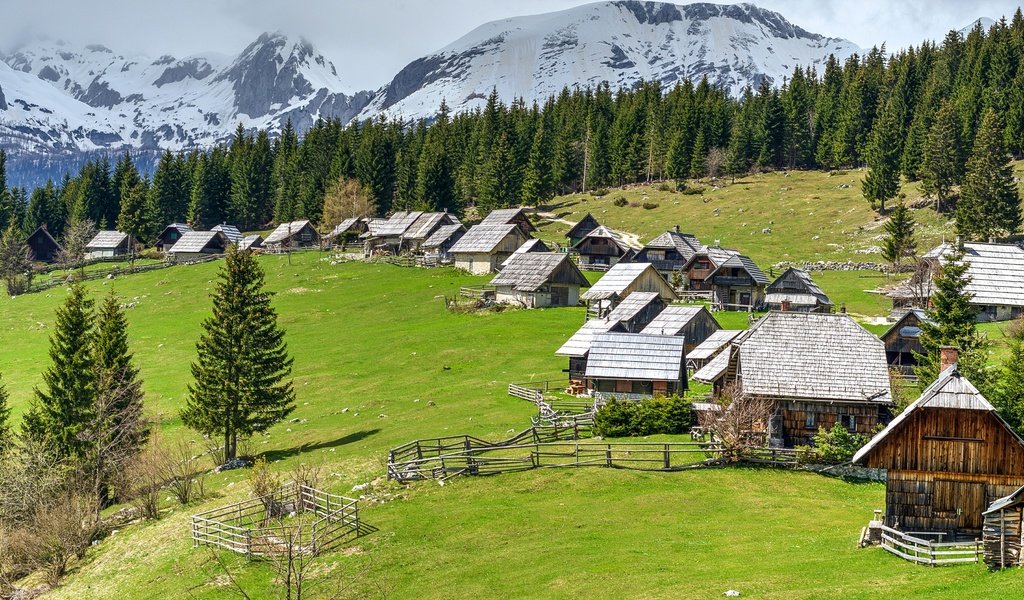 Обои горы, лес, домики, поляна, словения, pokljuka, mountains, forest, houses, glade, slovenia разрешение 2880x1800 Загрузить