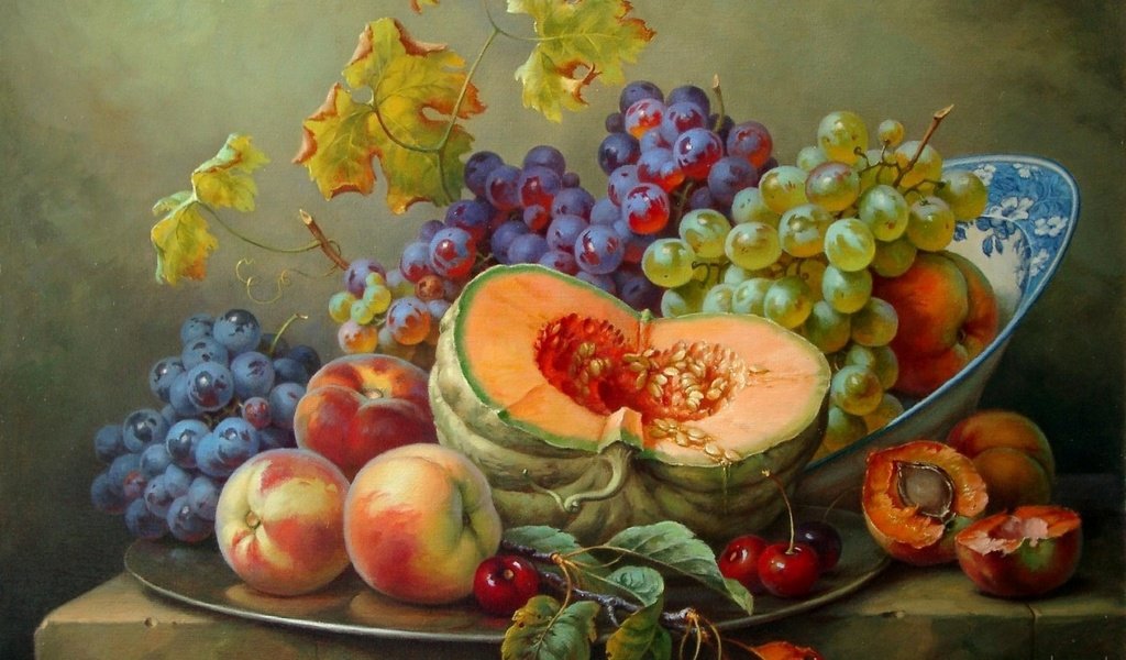 Обои натюрморт, картина, абрикосы, виноград, gabor toth, фрукты, ягоды, вишня, овощи, персики, тыква, still life, picture, apricots, grapes, fruit, berries, cherry, vegetables, peaches, pumpkin разрешение 1920x1200 Загрузить