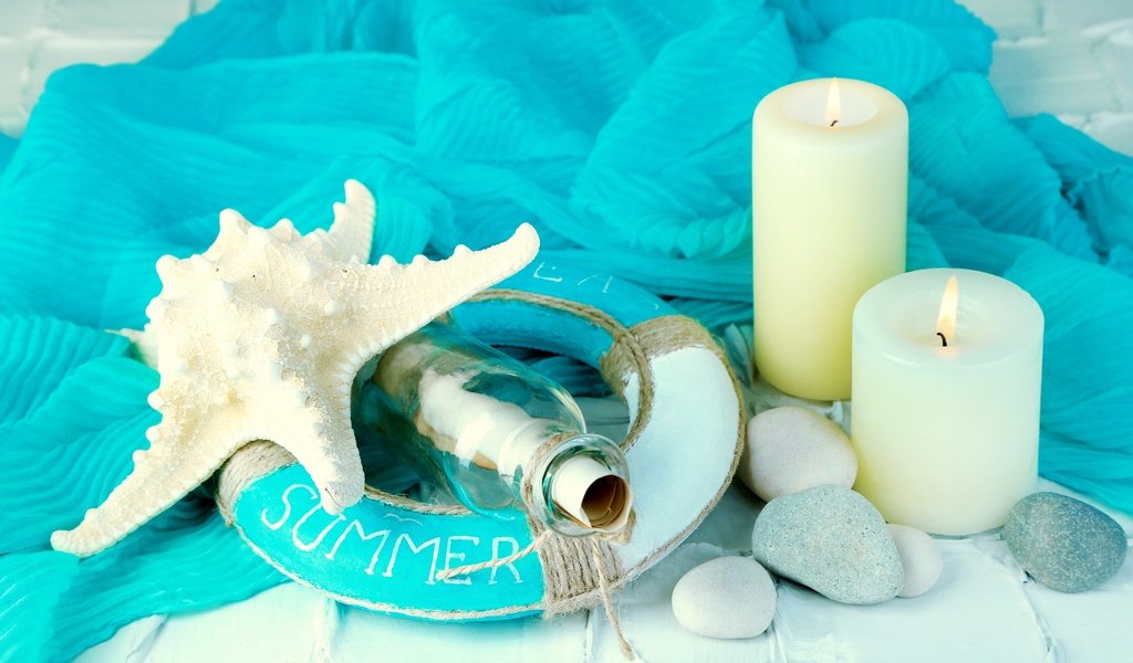Обои свечи, камни, морская звезда, marine, бутылек, cвечи, летнее, candles, stones, starfish, bottle, summer разрешение 2880x1920 Загрузить