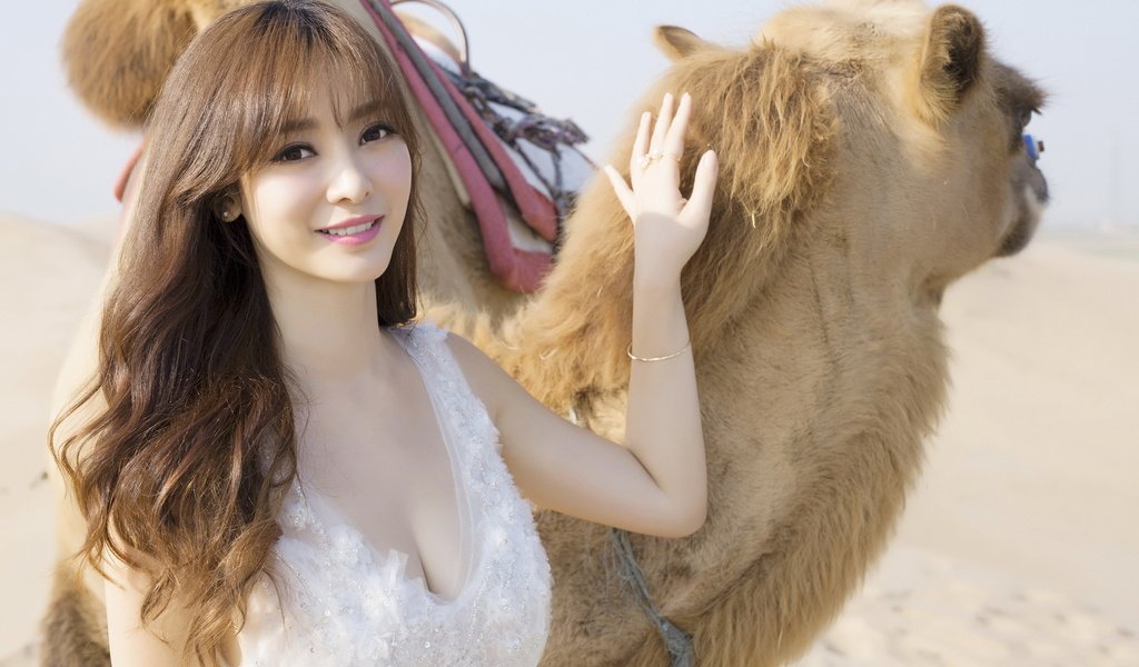 Обои девушка, животные, пустыня, азиатка, верблюд, girl, animals, desert, asian, camel разрешение 2880x1800 Загрузить