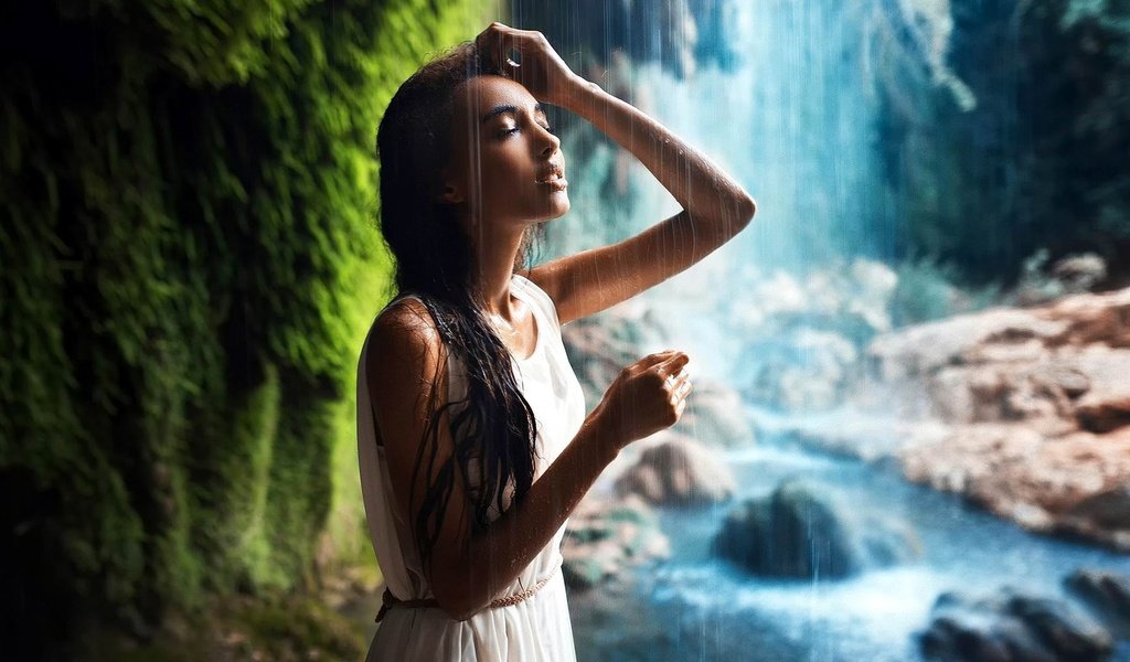 Обои девушка, платье, водопад, girl, dress, waterfall разрешение 1920x1080 Загрузить