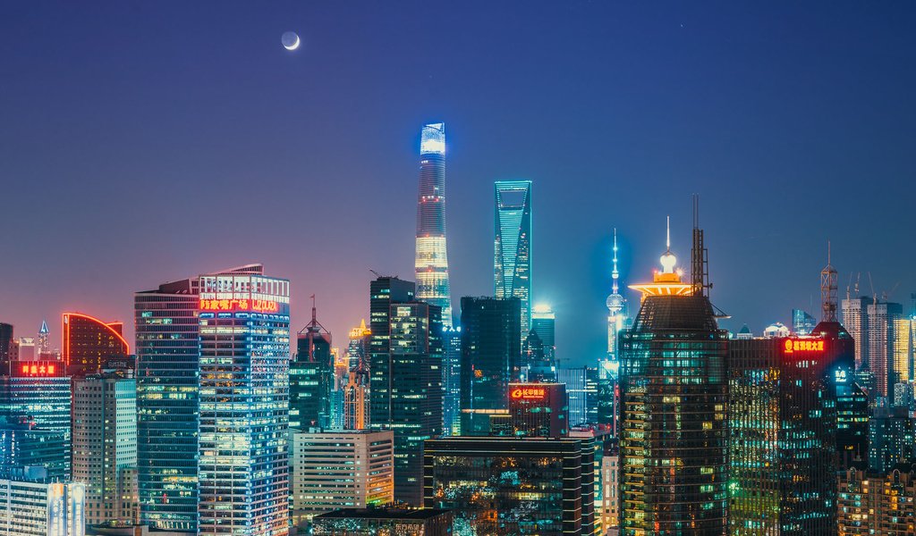 Обои небо, oriental pearl tower, ночь, огни, горизонт, луна, шанхай, китай, shanghai tower, shanghai world financial center, the sky, night, lights, horizon, the moon, shanghai, china разрешение 1920x1141 Загрузить