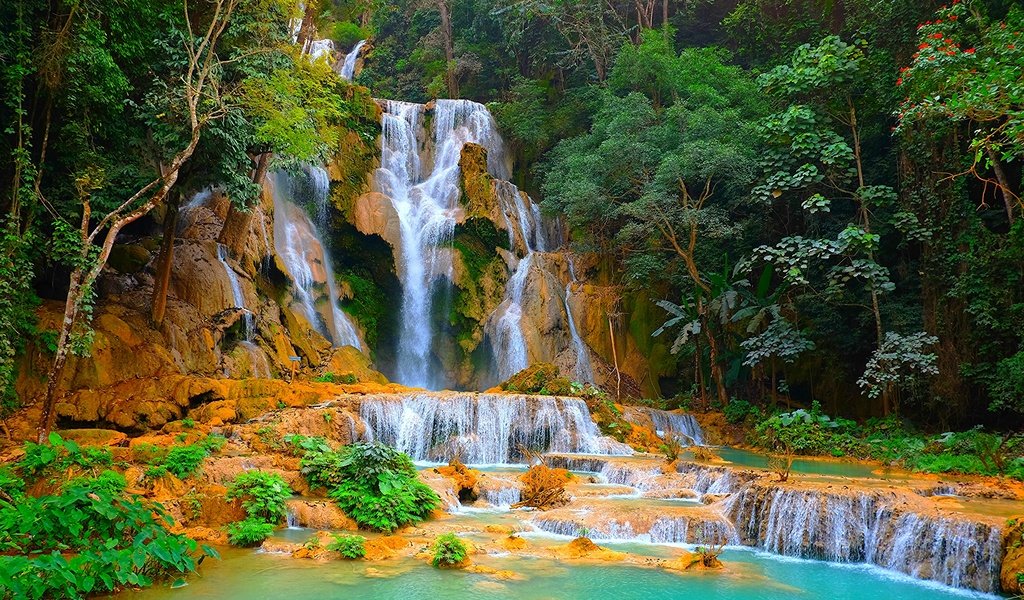 Обои деревья, скалы, природа, лес, водопад, каскад, лаос, kuang si waterfall, trees, rocks, nature, forest, waterfall, cascade, laos разрешение 2880x1920 Загрузить