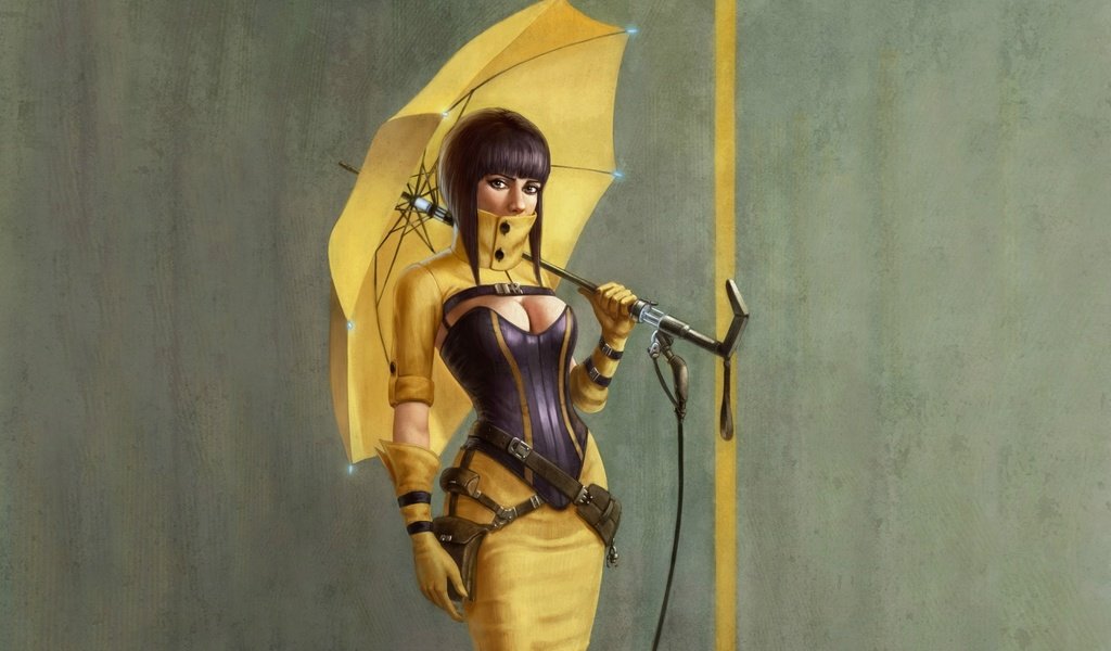 Обои арт, девушка, зонтик, cleavage, boobs, yellow umbrella, сексапильная, art, girl, umbrella, sexy разрешение 1920x1200 Загрузить