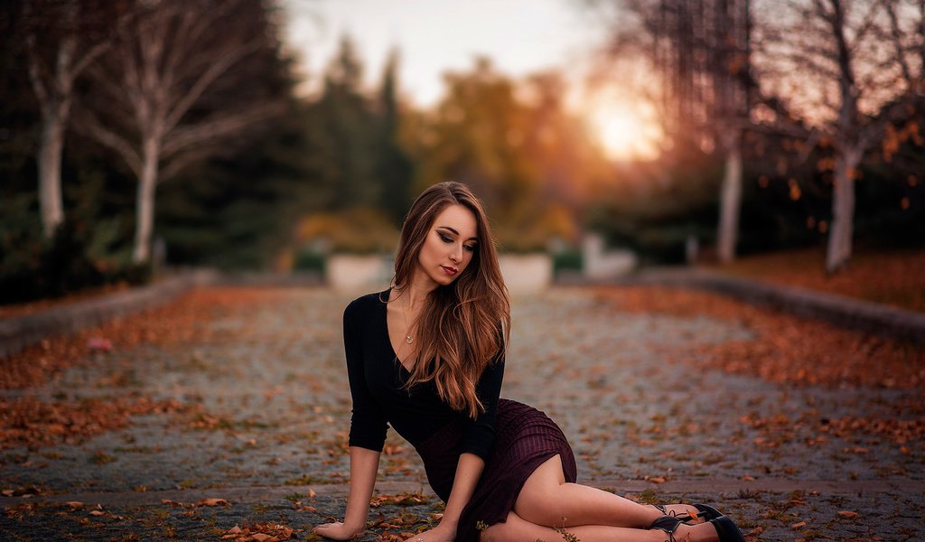 Обои листья, девушка, поза, ножки, leaves, girl, pose, legs разрешение 2048x1367 Загрузить