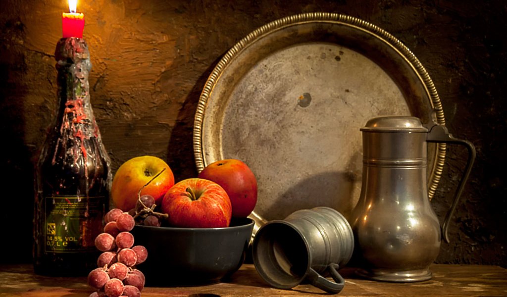 Обои виноград, яблоки, свеча, кувшин, гроздь, натюрморт, блюдо, an image of the past, grapes, apples, candle, pitcher, bunch, still life, dish разрешение 2048x1677 Загрузить