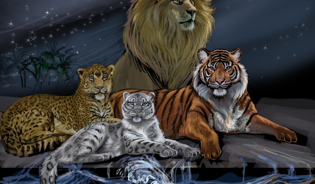 Обои леопард, тигр, лев, небо, хищники, арт, грива, вода, живопись, волны, снежный барс, животные, царь зверей, взгляд, луна, leopard, tiger, leo, the sky, predators, art, mane, water, painting, wave, snow leopard, animals, the king of beasts, look, the moon разрешение 3300x2710 Загрузить