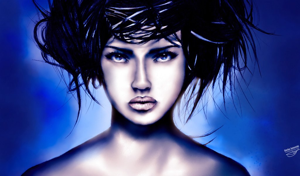 Обои арт, стиль, девушка, взгляд, волосы, лицо, прическа, губы. синий фон, art, style, girl, look, hair, face, hairstyle, lips. blue background разрешение 1920x1080 Загрузить