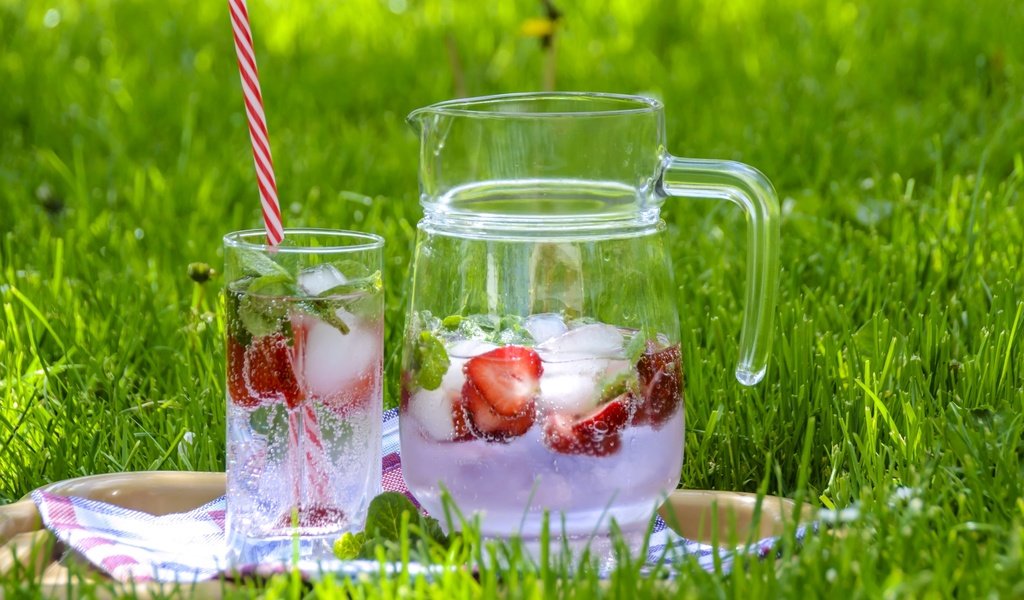 Обои трава, напиток, клубника, лёд, стакан, кувшин, лимонад, grass, drink, strawberry, ice, glass, pitcher, lemonade разрешение 3000x2000 Загрузить