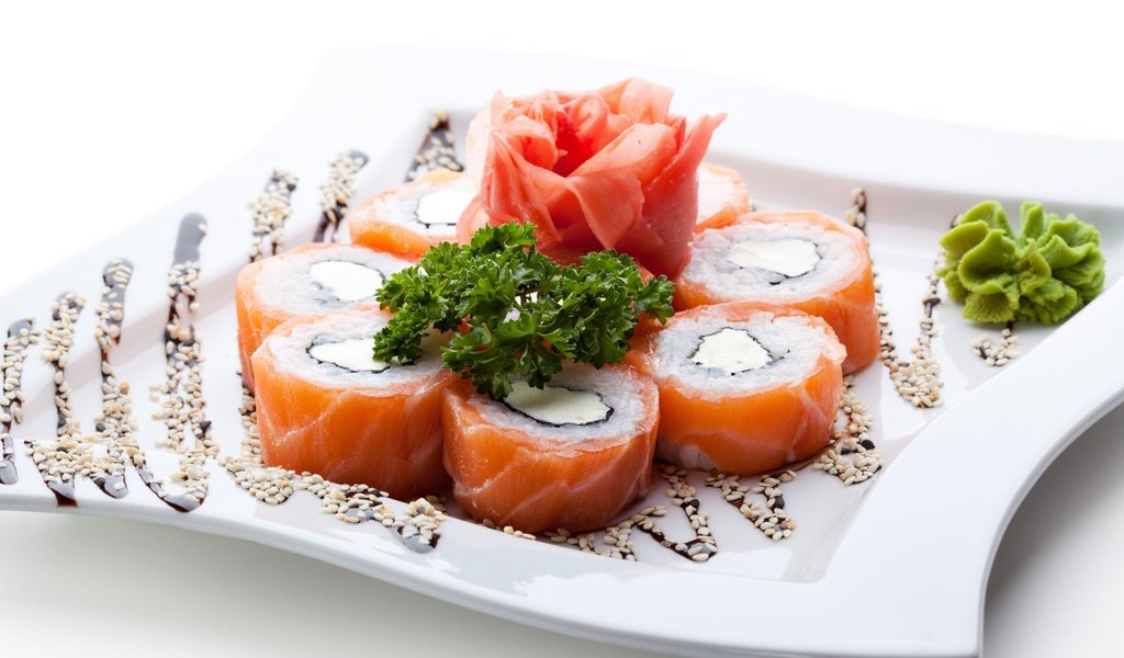 Обои рыба, суши, роллы, морепродукты, васаби, имбирь, seafoods, fish, sushi, rolls, seafood, wasabi, ginger разрешение 2880x1920 Загрузить