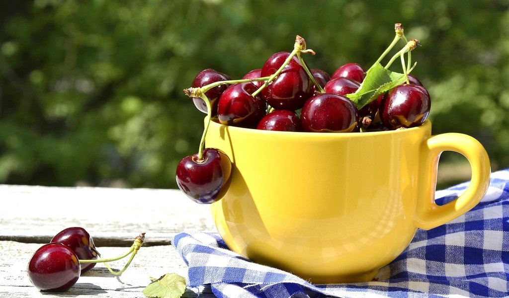 Обои черешня, ягоды, вишня, чашка, жёлтая, cherry, berries, cup, yellow разрешение 2400x1590 Загрузить