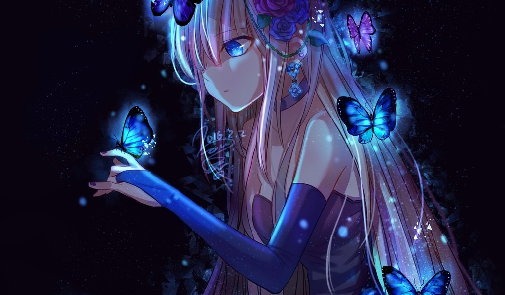 Обои цветы, арт, девушка, аниме, бабочки, krain0406, анеме, flowers, art, girl, anime, butterfly разрешение 3000x2576 Загрузить