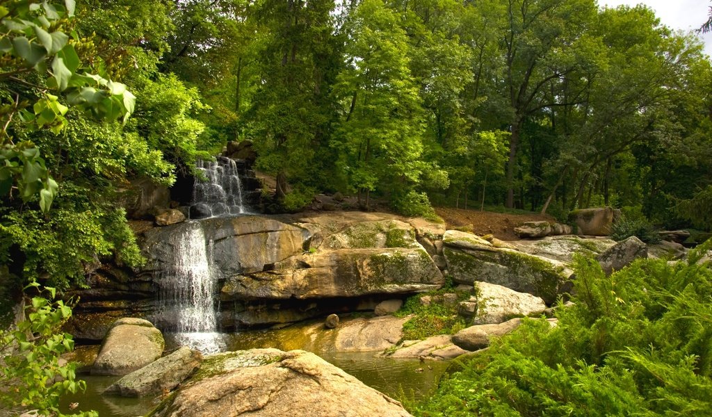 Обои деревья, вода, камни, парк, водопад, поток, trees, water, stones, park, waterfall, stream разрешение 2400x1565 Загрузить