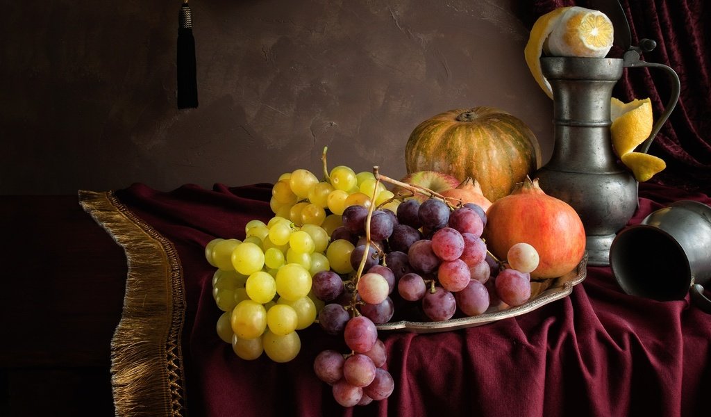 Обои виноград, фрукты, лимон, кувшин, тыква, натюрморт, гранат, grapes, fruit, lemon, pitcher, pumpkin, still life, garnet разрешение 2400x1515 Загрузить