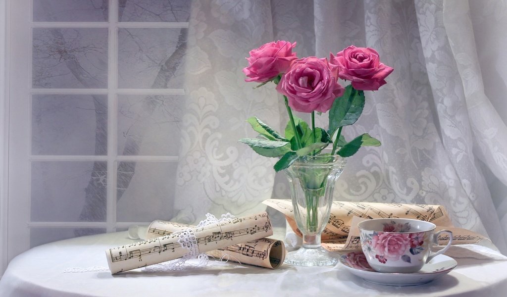 Обои цветы, розы, ноты, окно, чашка, чай, натюрморт, flowers, roses, notes, window, cup, tea, still life разрешение 1920x1219 Загрузить