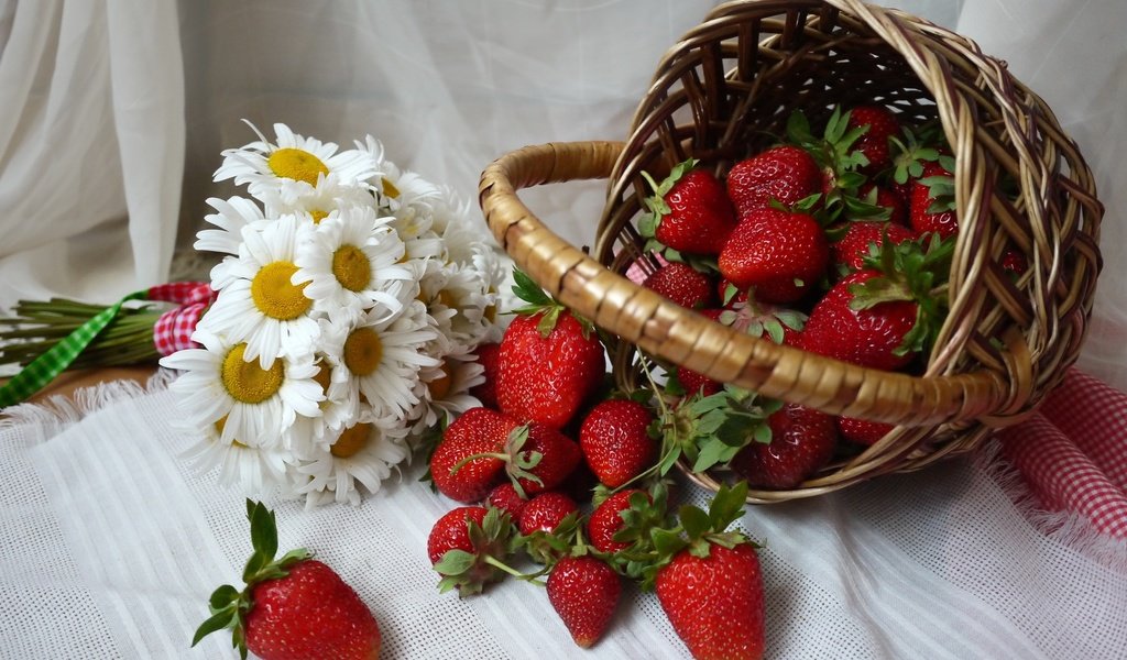 Обои клубника, ромашки, корзина, ягоды, strawberry, chamomile, basket, berries разрешение 2400x1615 Загрузить