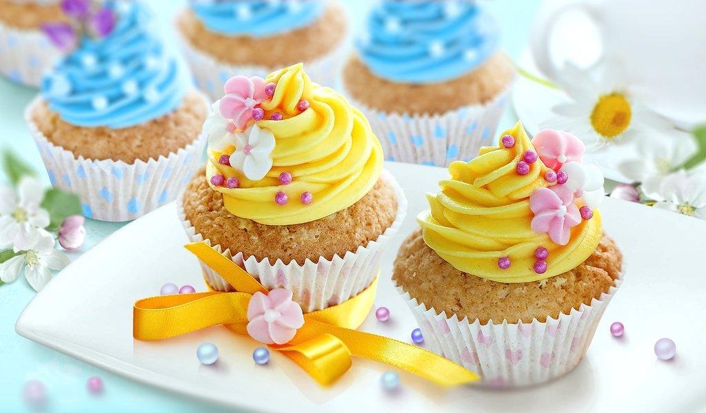 Обои цветы, сладкое, украшение, выпечка, бант, кексы, flowers, sweet, decoration, cakes, bow, cupcakes разрешение 1920x1080 Загрузить