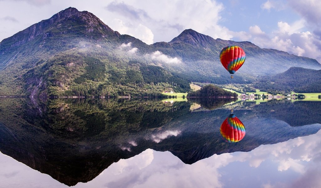 Обои озеро, природа, отражение, пейзаж, воздушный шар, lake, nature, reflection, landscape, balloon разрешение 1920x1080 Загрузить