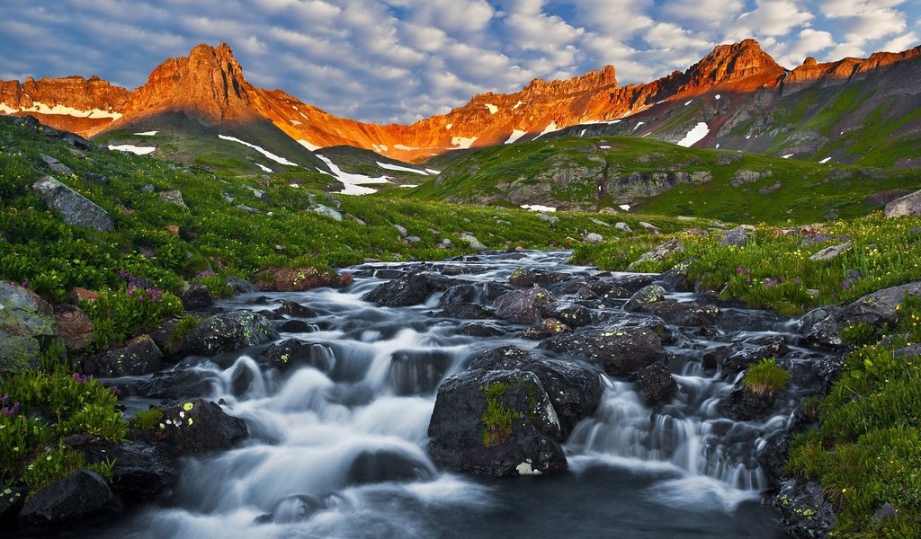 Обои трава, река, горы, природа, сша, колорадо, горный ручей, горы сан-хуан, grass, river, mountains, nature, usa, colorado, mountain stream, mountains san juan разрешение 1920x1080 Загрузить