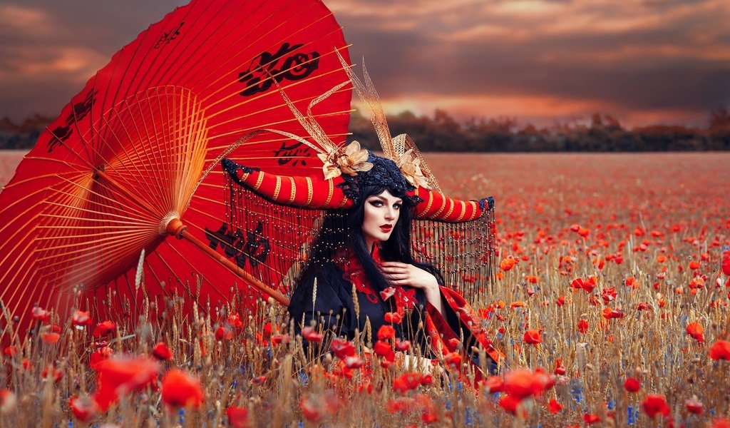 Обои девушка, поле, маки, зонт, наряд, макияж, girl, field, maki, umbrella, outfit, makeup разрешение 2048x1365 Загрузить