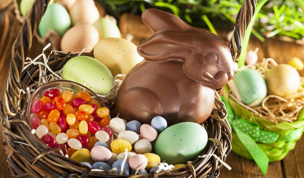 Обои конфеты, корзина, кролик, пасха, яйца, шоколад, candy, basket, rabbit, easter, eggs, chocolate разрешение 5616x3744 Загрузить