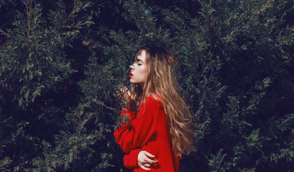 Обои природа, девушка, блондинка, профиль, красное платье, nature, girl, blonde, profile, red dress разрешение 2048x1365 Загрузить