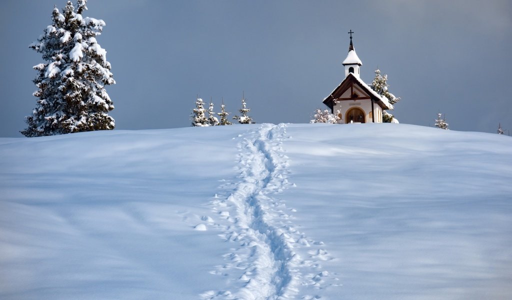 Обои снег, зима, церковь, следы, ели, часовня, snow, winter, church, traces, ate, chapel разрешение 2048x1365 Загрузить