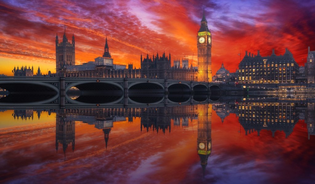 Обои закат, отражение, мост, лондон, англия, биг-бен, sunset, reflection, bridge, london, england, big ben разрешение 2048x1367 Загрузить