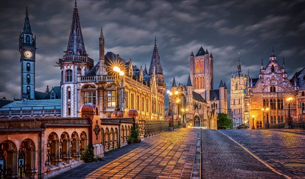 Обои ночь, огни, здания, мостовая, бельгия, гент, night, lights, building, bridge, belgium, ghent разрешение 2048x1342 Загрузить