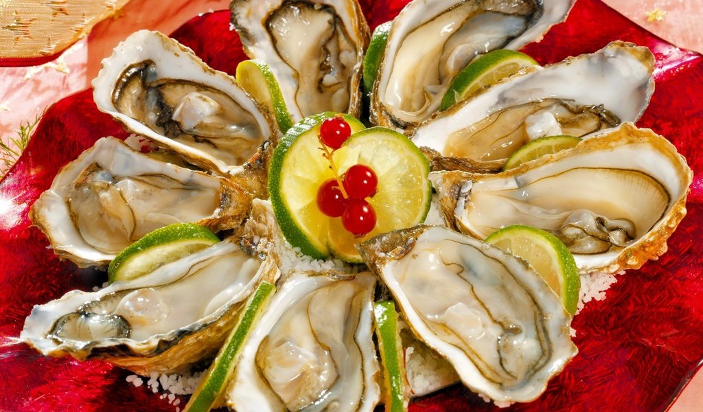 Обои лайм, смородина, раковины, закуска, морепродукты, мидии, моллюски, устрицы, lime, currants, shell, appetizer, seafood, mussels, shellfish, oysters разрешение 2240x1680 Загрузить