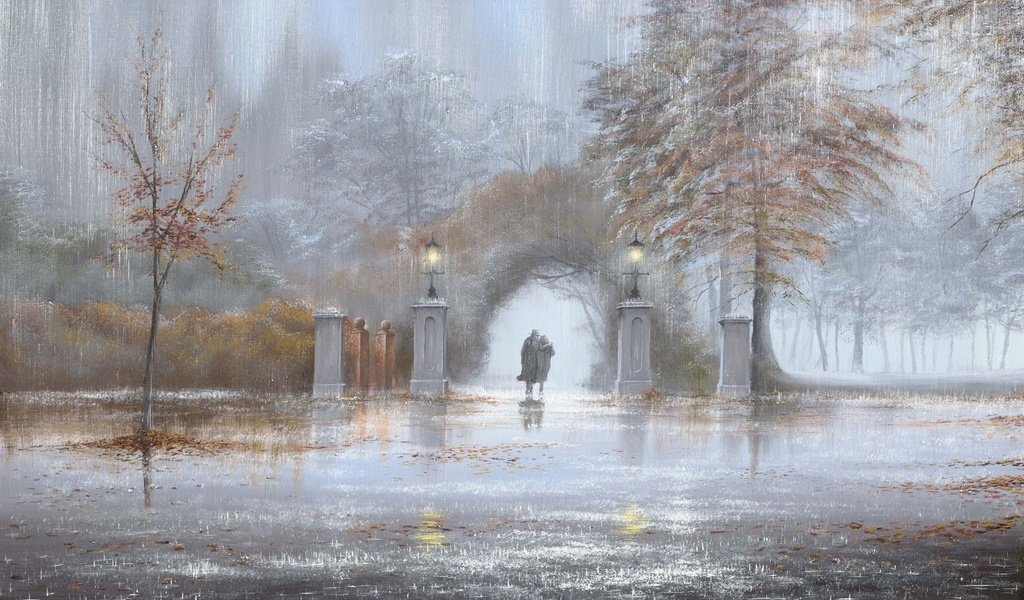 Обои картина, парк, осень, дождь, двое, jeff rowland, picture, park, autumn, rain, two разрешение 1920x1200 Загрузить